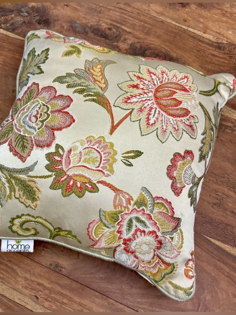 Home Accents Floral Embroidered Accent Pillow in Cream and Green